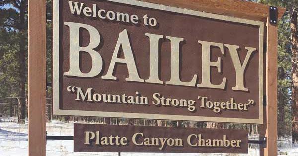 Bailey, CO welcome sign with slogan 'Mountain Strong Together'